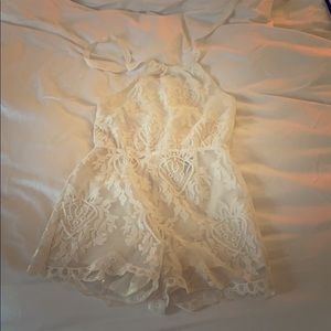 Aqua white lace halter romper